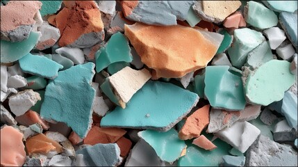 Microscopic view of recycled plastic. Colorful fragments of glass and ceramics in a textured arrangement.