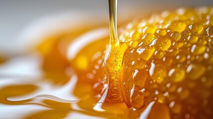 Macro capture of honey's golden flow: Showcasing natural texture, warm colors and dynamic motion in food photography, usable for design and decoration, conveying pure sweetness emotion, blending visua