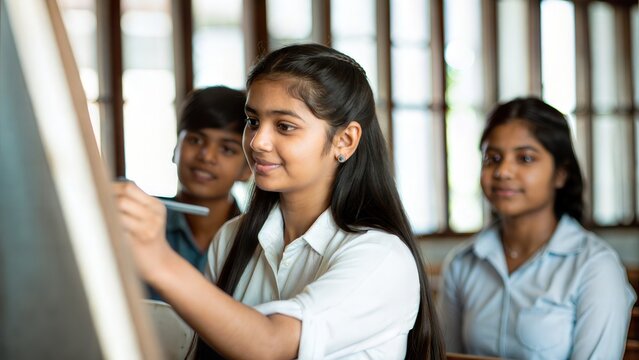 Indian Girl Writing on Board While Classmates Watch Attentively
