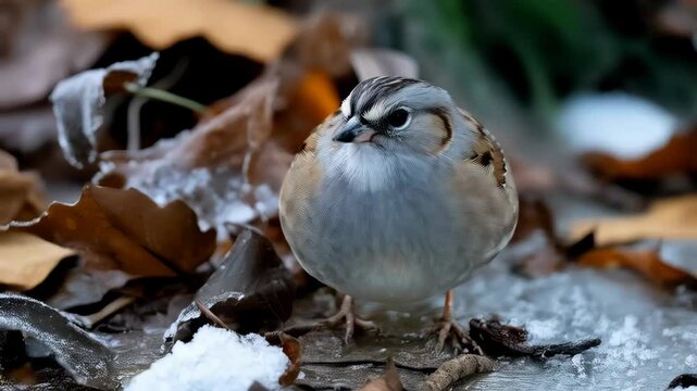 Curious white-throated sparrow standing on a surface covered in fallen leaves and fresh snow in the winter season.