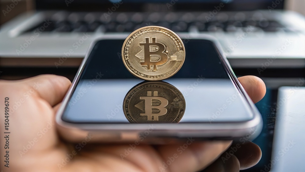 Poster a hand holds a smartphone displaying a bitcoin, reflecting a digital financial theme in a tech-drive