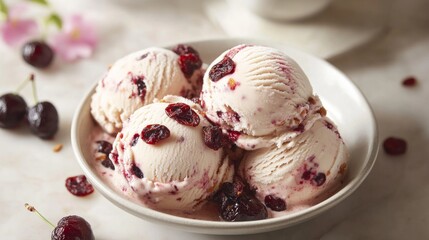 Creamy Cherry Ice Cream with Dried Berries in a White Bowl