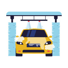 Flat Vector Illustration of a Car in Automatic Car Wash Tunnel with Water Sprayers. Illustrations for websites, landing pages, mobile apps, posters and banners