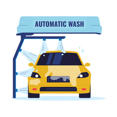 Flat Vector Illustration of Automatic Car Wash System with Yellow Vehicle. Illustrations for websites, landing pages, mobile apps, posters and banners
