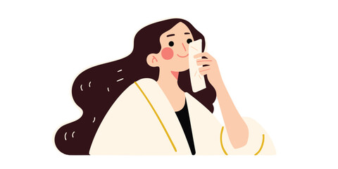 A woman in a robe dabs her face with a tissue, embodying a moment of self-care and simple elegance. Capturing the essence of beauty routine and the comfort found in quiet moments.