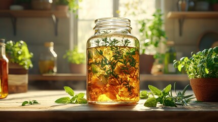 Herb infused oil in a glass jar
