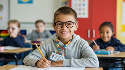 Autistic Boy with Identification Badge Writing in Classroom (Menino Autista com Crachá Escrevendo em Sala de Aula) - Powered by Adobe