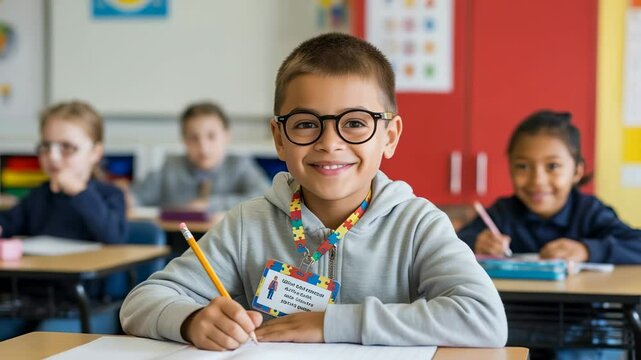 Autistic Boy with Identification Badge Writing in Classroom (Menino Autista com Crach&aacute; Escrevendo em Sala de Aula)
