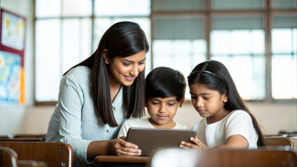 Indian Teacher and Kids Interacting with Educational Tablet in School
