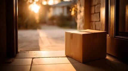 A cardboard package arrives at the doorstep, symbolizing convenience and modern delivery services.