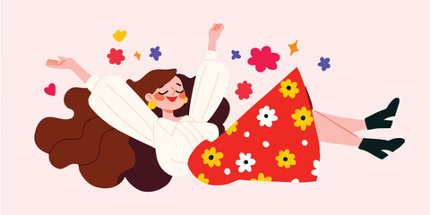 A carefree woman with flowing brown hair lies amidst vibrant flowers, radiating joy and serenity. Her red floral skirt adds a touch of whimsy to the scene.