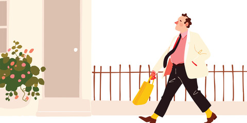 An illustration captures a person confidently strolling along a street, carrying groceries in hand. Illustrative style of character suggests a scene of everyday life, possibly returning from market.