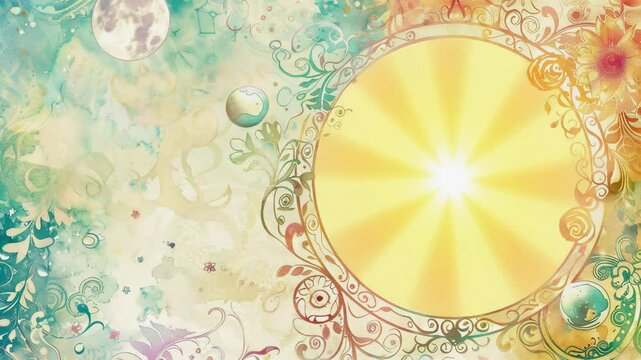 The zodiac wheel with each sign inside it, in pastel colors and soft hues, background is adorned with symbols like planets, stars, vines, leaves, flowers, Generative AI Videos.