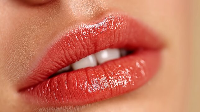 Close-up of glossy red lips with vibrant lipstick texture, showcasing full lip definition for makeup ads, cosmetic tutorials, or fashion promotions. Bold color highlights product allure and feminine b