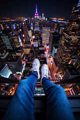 Fototapeta premium High-angle shot of a person sitting with legs, in denim pants and white sneakers, dangling from the top of a skyscraper over the neon city skyline at night