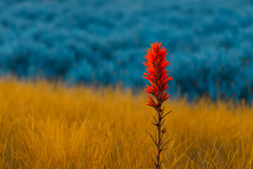 Bright red flower standing alone in golden grass field