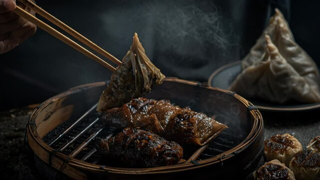 A person is using chopsticks to eat Zongzi, which has been marinated and fried in oil with some rice dumplings, Generative AI Videos.
