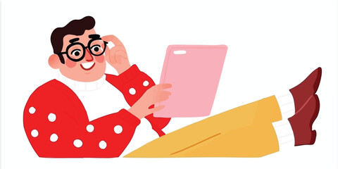 A happy individual engrossed in their tablet, exuding calm and delight, creating an appealing and comforting composition.