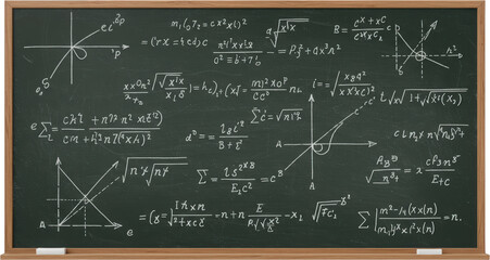 Complex Mathematical Equations and Graphs on a Chalkboard Educational Background