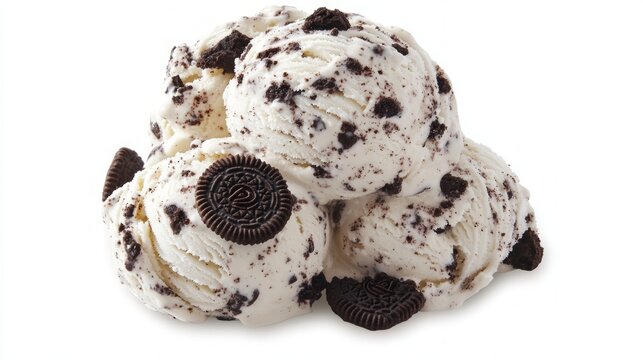 Creamy vanilla ice cream with cookie pieces on a white background