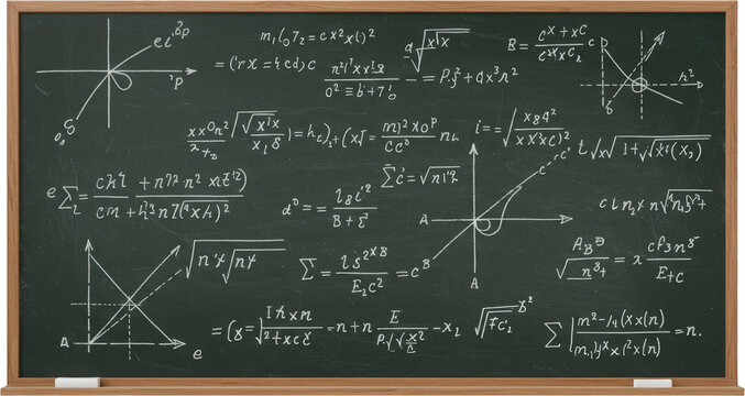 Complex Mathematical Equations and Graphs on a Chalkboard Educational Background