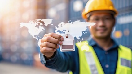 A construction worker holds a tag in front of shipping containers, with an overlay of a world map, symbolizing global trade and logistics.