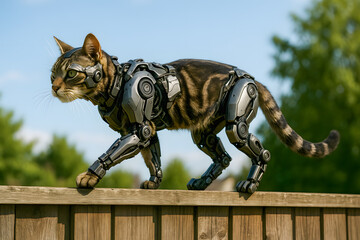 Cyborg cat with mechanical limbs walking on desk