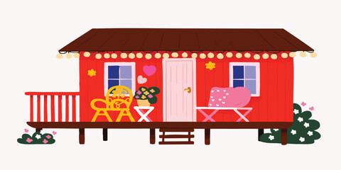 A charming red house with inviting porch adorned with soft decorations, creating a warm and welcoming scene of home.