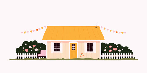 A charming and idyllic illustration of a cozy home, surrounded by lush garden. The scene conveys a sense of comfort, tranquility, and the simple joys of life.