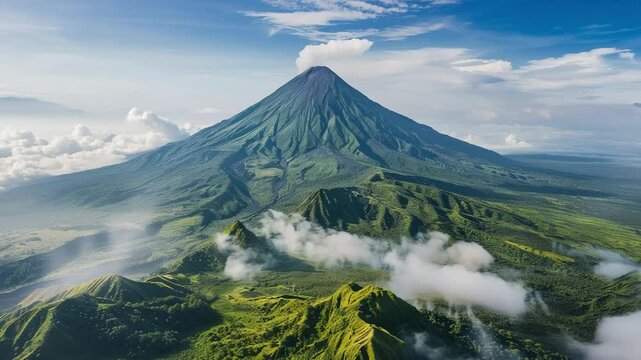 A majestic view of Mayon Volcano, Philippines, with its perfect cone shape rising above the clouds and the lush greenery of the surrounding landscape, Generative AI Videos.