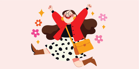 An illustration captures the unbridled joy and liberation of a woman leaping against a soft backdrop of floral accents. The whimsical style amplifies feelings of freedom.