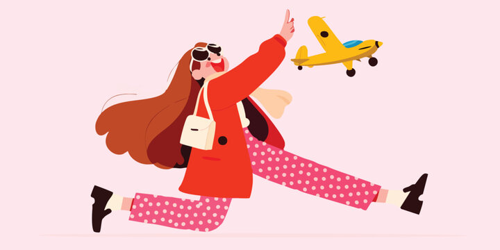 Illustration of a fashionable girl running with a toy airplane, embodying the carefree spirit of travel.
