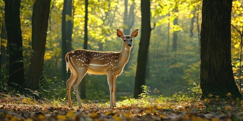 A graceful deer standing alert in a sunlit forest clearing, surrounded by towering trees