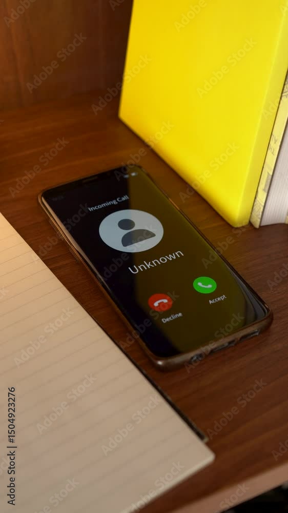 Aufkleber unknown number calling you. concept of incoming call from private number. vertical shot.