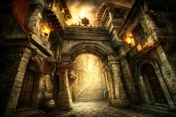 Medieval city gate with shining light