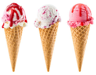 Three Ice Cream Cones Displaying Vanilla Strawberry And Raspberry Flavors Drizzled With Sweet Syrup Against Transparent Background