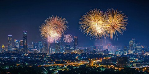 A grand fireworks show illuminating a city skyline at night