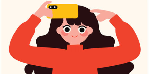 A young woman capturing the moment with her phone. In the simple yet appealing aesthetic of vector graphics, a girl takes a selfie with her device.