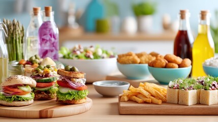 nutrition education session type. Delicious spread of fresh food and drinks on a table.