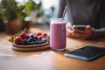 A woman is sitting at a table with a glass of purple smoothie and a plate of fruit. She is also holding a cell phone. Concept of relaxation and leisure, as the woman enjoys her healthy drink