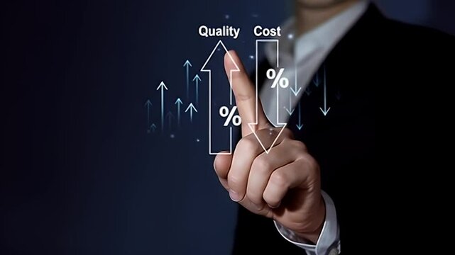 Hand Interacting with Digital Graph Displaying Increased Quality and Reduced Cost on Dark Blue Background with Business Suit and White Shirt