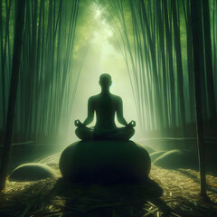 Stone meditation platform in bamboo forest, Ai created image