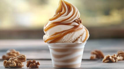Delicious Swirled Ice Cream Cup with Caramel and Walnuts Topping