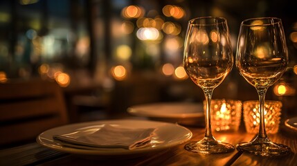 Romantic dinner for two with candlelit wine glasses, a moment of love and connection