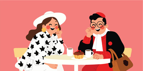 A friendly, engaging scene of two figures enjoying a coffee break at a cafe. A relaxed and charming image.