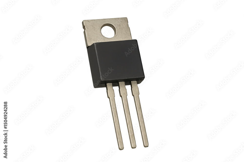 Poster transistor electronic component with metallic pins, isolated on transparent background, displaying i