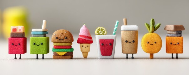 nutrition education session type. Cute cartoon food characters lined up, showcasing various snacks and drinks.