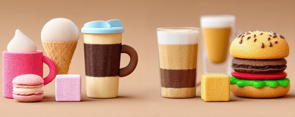 nutrition education session type. Colorful assortment of food and drinks in artistic style.