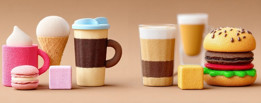 nutrition education session type. Colorful assortment of food and drinks in artistic style.