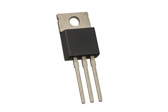 Transistor electronic component with metallic pins, isolated on transparent background, displaying intricate technical details for circuit design